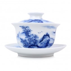 Blue and White Porcelain Gaiwan-Ancient Temple in the Dense Forests of the High Mountain