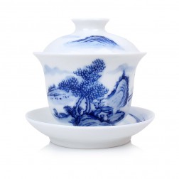 Blue and White Porcelain Gaiwan-Farmhouse under the Tree, Bridge on River and Hills Beyond-Tall