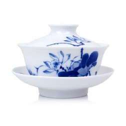 Blue and White Porcelain Gaiwan-Likes Lotus Saying-Wide