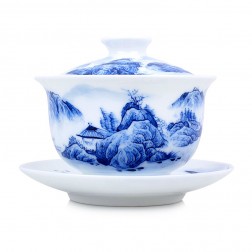 Blue and White Porcelain Gaiwan-Pavilion at the Foot of the Mountain