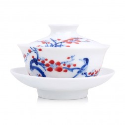 Blue and White Porcelain Gaiwan-Underglaze Red-Plum Blossom