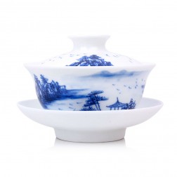 Blue and White Porcelain Gaiwan-a Flock of Birds Flying in the River Mist